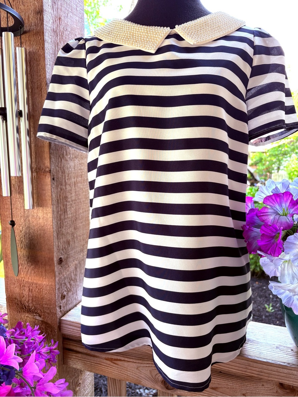 Anthropologie Pim + Larkin Navy & White Striped Faux Pearl Beaded Collar Blouse